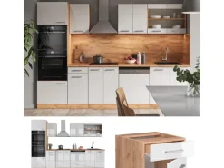 Vicco R-Line Küchenzeile Weiß Hochglanz/Goldkraft Eiche 300 cm mit HochschrankAP Marmor ohne E-Geräte