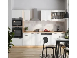 Vicco R-Line Küchenzeile Weiß Landhaus/Goldkraft Eiche 300 cm mit HochschrankAP Marmor ohne E-Geräte