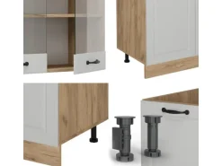 Vicco R-Line Küchenzeile Weiß Landhaus/Goldkraft Eiche 300 cm mit HochschrankAP Marmor ohne E-Geräte