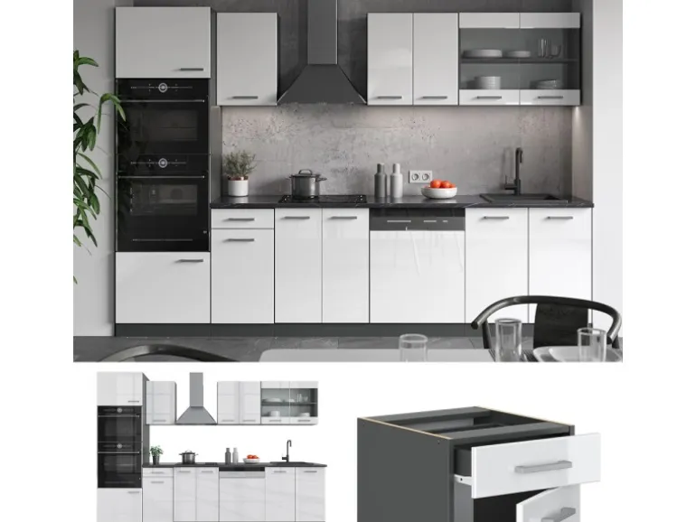 Vicco R-Line Küchenzeile Weiß Hochglanz/Anthrazit 300 cm mit Hochschrankohne Arbeitsplatte ohne E-Geräte