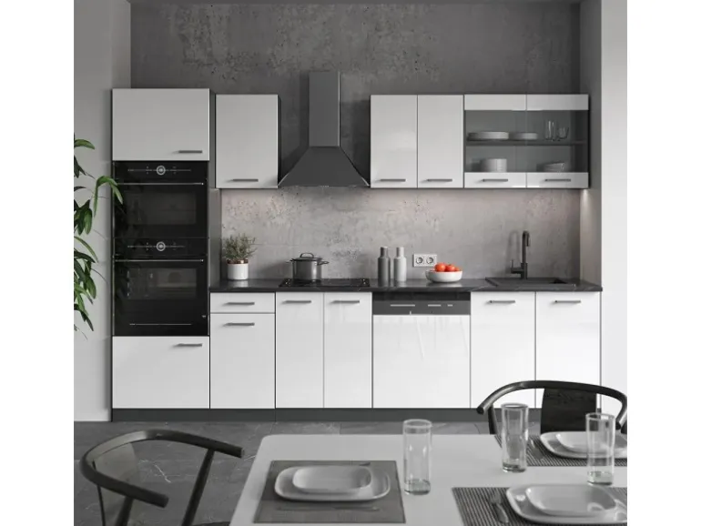 Vicco R-Line Küchenzeile Weiß Hochglanz/Anthrazit 300 cm mit Hochschrankohne Arbeitsplatte ohne E-Geräte