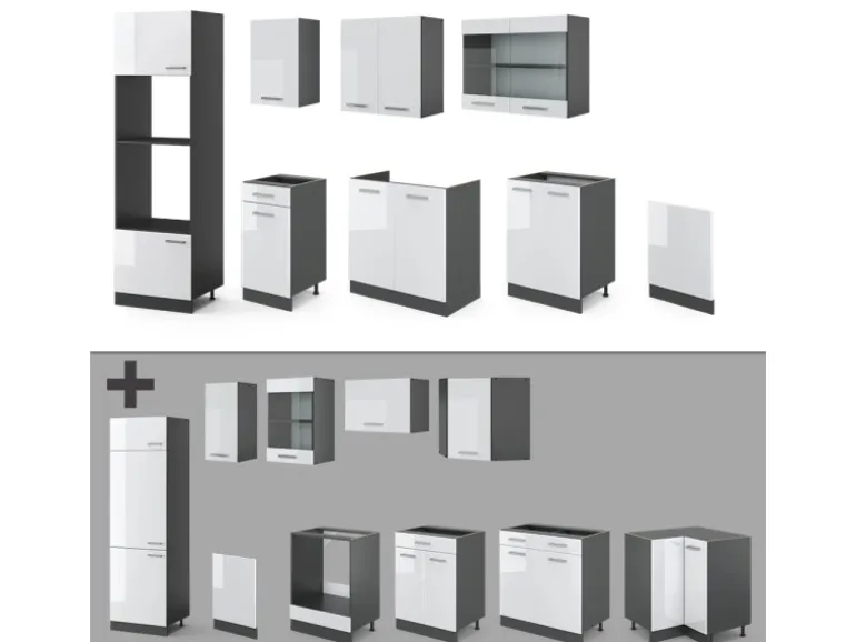 Vicco R-Line Küchenzeile Weiß Hochglanz/Anthrazit 300 cm mit Hochschrankohne Arbeitsplatte ohne E-Geräte