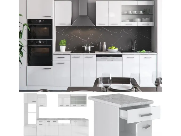 Vicco R-Line Küchenzeile Weiß 300 cm mit Hochschrankohne Arbeitsplatte ohne E-Geräte