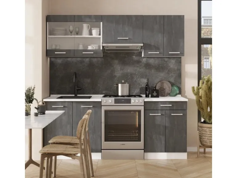 Vicco R-Line Komplettküche Schwarz Beton/Weiß 200 cm ohne Arbeitsplatte ohne E-Geräte