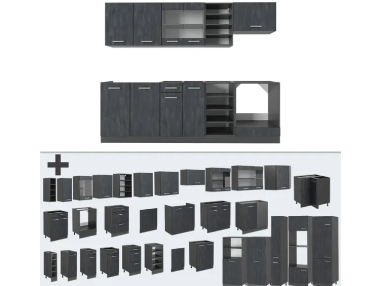 Vicco R-Line Komplettküche Schwarz Beton/Anthrazit 240 cm AP Anthrazit ohne E-Geräte