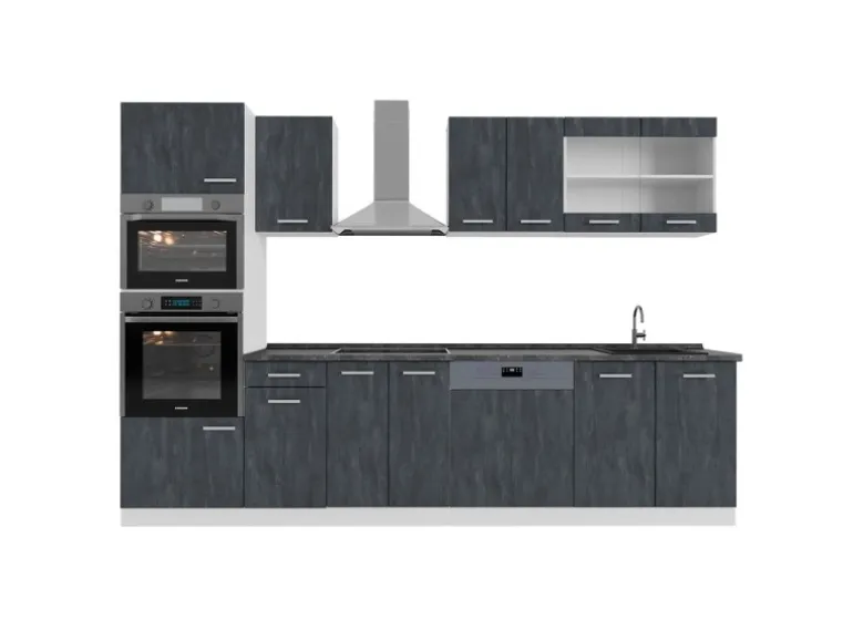 Vicco R-Line KomplettKüche Schwarz Beton/Weiß 300 cm AP Anthrazit Opt 2 ohne E-Geräte