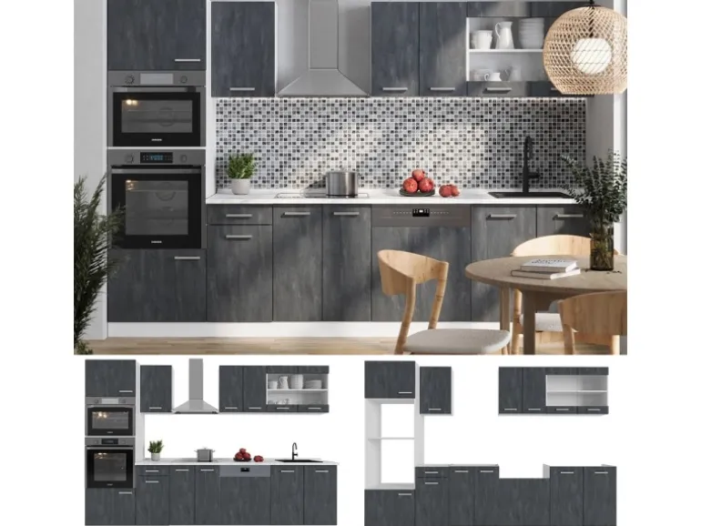 Vicco R-Line KomplettKüche Schwarz Beton/Weiß 300 cm AP Anthrazit Opt 2 ohne E-Geräte