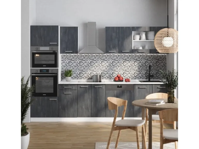 Vicco R-Line KomplettKüche Schwarz Beton/Weiß 300 cm AP Anthrazit Opt 2 ohne E-Geräte