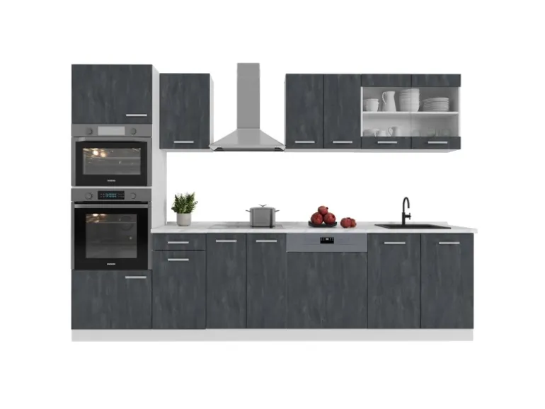 Vicco R-Line KomplettKüche Schwarz Beton/Weiß 300 cm AP Anthrazit Opt 2 ohne E-Geräte