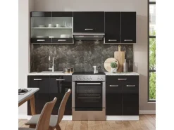 Vicco R-Line Komplettküche Schwarz Hochglanz/Weiß 200 cm Ohne Arbeitsplatte ohne E-Geräte