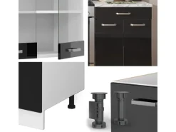 Vicco R-Line Komplettküche Schwarz Hochglanz/Weiß 200 cm Ohne Arbeitsplatte ohne E-Geräte