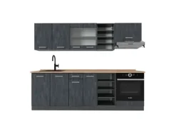 Vicco R-Line Komplettküche Schwarz Beton/Anthrazit 240 cm AP Eiche ohne E-Geräte