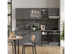 Vicco R-Line Komplettküche Schwarz Beton/Anthrazit 240 cm AP Eiche ohne E-Geräte