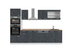 Vicco R-Line KomplettKüche Schwarz Beton/Weiß 300 cm AP Eiche Opt 2 ohne E-Geräte