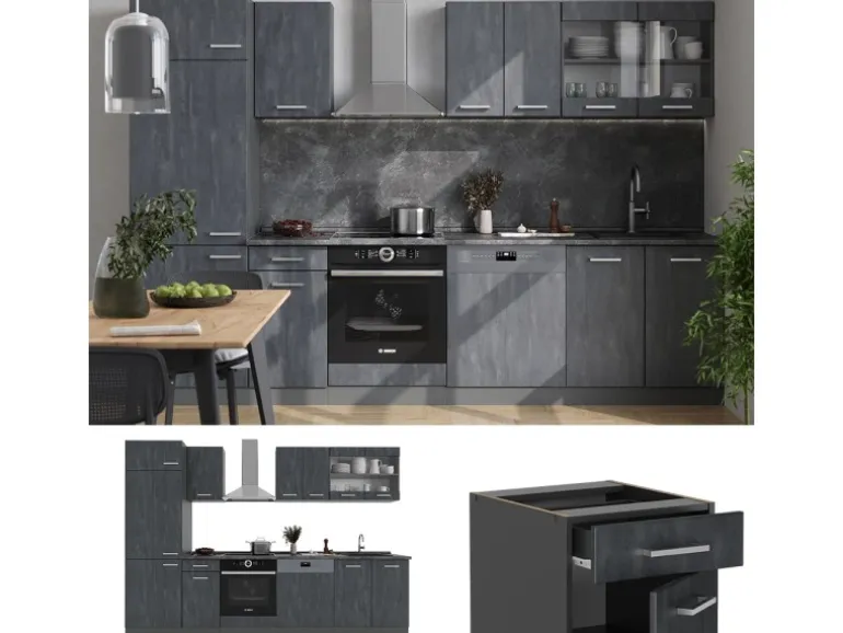 Vicco R-Line KomplettKüche Schwarz Beton/Anthrazit 300 cm AP Anthrazit ohne E-Geräte
