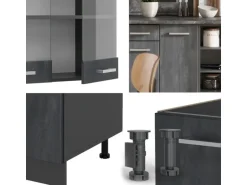 Vicco R-Line Komplettküche Schwarz Beton/Anthrazit 240 cm AP Marmor ohne E-Geräte