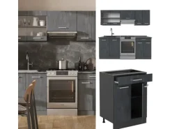 Vicco R-Line Komplettküche Schwarz Beton/Anthrazit 200 cm ohne Arbeitsplatte ohne E-Geräte