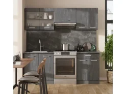 Vicco R-Line Komplettküche Schwarz Beton/Anthrazit 200 cm ohne Arbeitsplatte ohne E-Geräte