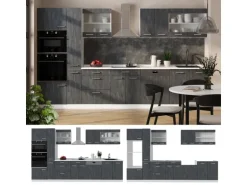 Vicco R-Line Komplettküche Schwarz Beton/Weiß 350 cm AP Marmor ohne E-Geräte