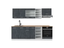 Vicco R-Line Komplettküche Schwarz Beton/Weiß 240 cm AP Eiche ohne E-Geräte