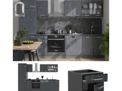 Vicco R-Line KomplettKüche Schwarz Beton/Anthrazit 300 cm AP Marmor ohne E-Geräte