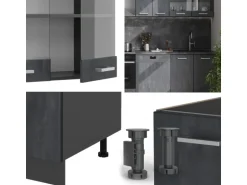 Vicco R-Line KomplettKüche Schwarz Beton/Anthrazit 300 cm AP Marmor ohne E-Geräte