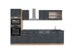 Vicco R-Line Komplettküche Schwarz Beton/Goldkraft Eiche 300 cm AP Anthrazit ohne E-Geräte