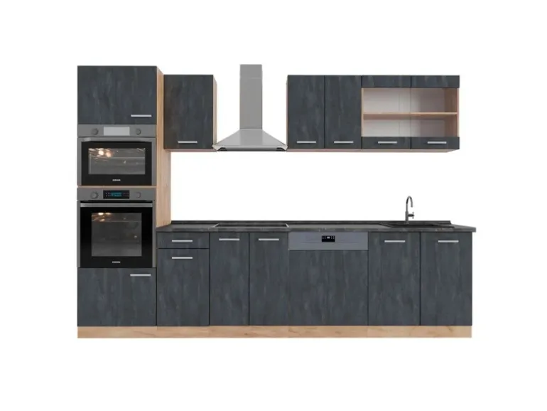 Vicco R-Line Komplettküche Schwarz Beton/Goldkraft Eiche 300 cm AP Anthrazit ohne E-Geräte