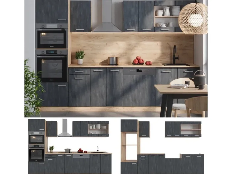 Vicco R-Line Komplettküche Schwarz Beton/Goldkraft Eiche 300 cm AP Anthrazit ohne E-Geräte