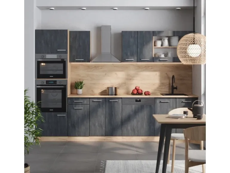 Vicco R-Line Komplettküche Schwarz Beton/Goldkraft Eiche 300 cm AP Anthrazit ohne E-Geräte