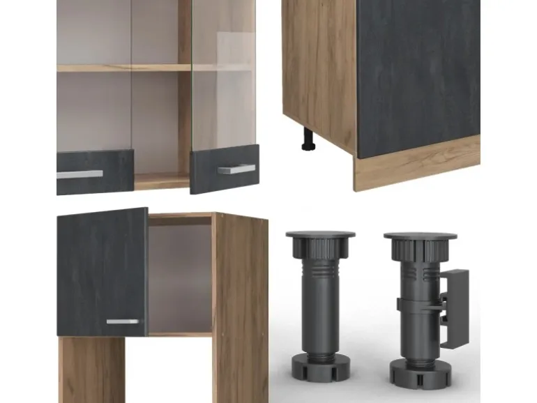 Vicco R-Line Komplettküche Schwarz Beton/Goldkraft Eiche 300 cm AP Anthrazit ohne E-Geräte