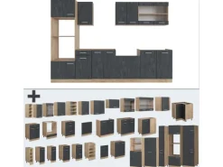 Vicco R-Line Komplettküche Schwarz Beton/Goldkraft Eiche 300 cm AP Anthrazit ohne E-Geräte