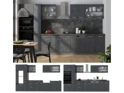 Vicco R-Line Komplettküche Schwarz Beton/Anthrazit 350 cm AP Marmor ohne E-Geräte