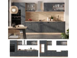 Vicco R-Line Komplettküche Schwarz Beton/Goldkraft Eiche 350 cm AP Eiche ohne E-Geräte