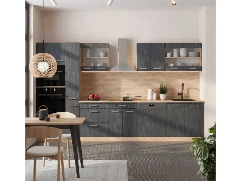 Vicco R-Line Komplettküche Schwarz Beton/Goldkraft Eiche 350 cm AP Eiche ohne E-Geräte