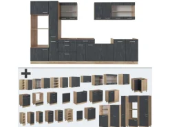 Vicco R-Line Komplettküche Schwarz Beton/Goldkraft Eiche 350 cm AP Eiche ohne E-Geräte