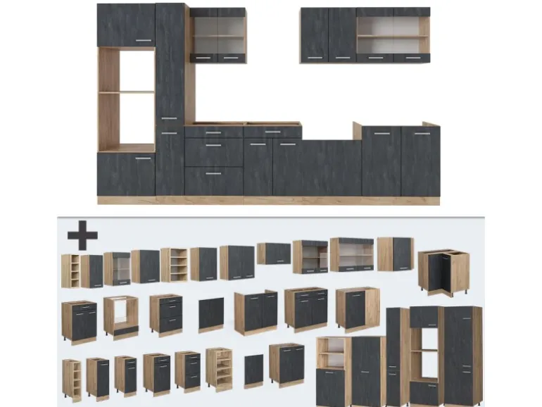 Vicco R-Line Komplettküche Schwarz Beton/Goldkraft Eiche 350 cm AP Eiche ohne E-Geräte