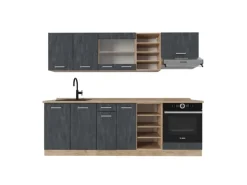 Vicco R-Line Komplettküche Schwarz Beton/Goldkraft Eiche 240 cm AP Eiche ohne E-Geräte