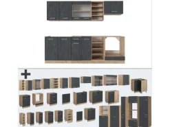 Vicco R-Line Komplettküche Schwarz Beton/Goldkraft Eiche 240 cm AP Eiche ohne E-Geräte