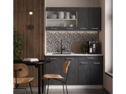 Vicco R-Line Mini Küche Schwarz Beton/Weiß 140 cm AP Marmor ohne E-Geräte