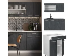 Vicco R-Line Mini Küche Schwarz Beton/Weiß 140 cm AP Eiche ohne E-Geräte