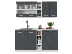 Vicco R-Line Mini-Küche Schwarz Beton/Weiß 160 cm AP Marmor ohne E-Geräte