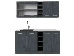 Vicco R-Line Mini-Küche Schwarz Beton/Anthrazit 160 cm AP Marmor ohne E-Geräte