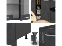 Vicco R-Line Mini-Küche Schwarz Beton/Anthrazit 160 cm AP Marmor ohne E-Geräte