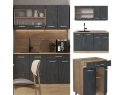 Vicco R-Line Mini-Küche Schwarz Beton/Goldkraft Eiche 140 cm AP Anthrazit ohne E-Geräte