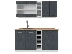 Vicco R-Line Mini-Küche Schwarz Beton/Weiß 160 cm AP Eiche ohne E-Geräte