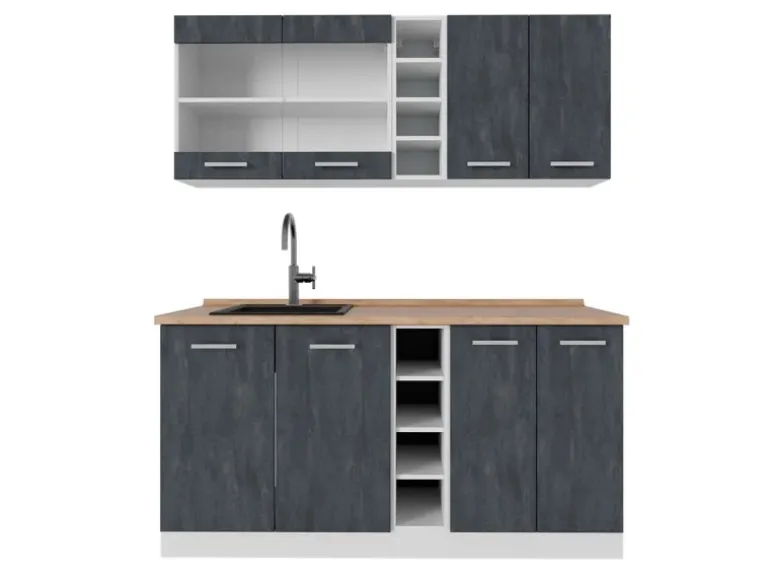 Vicco R-Line Mini-Küche Schwarz Beton/Weiß 160 cm AP Eiche ohne E-Geräte