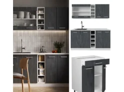 Vicco R-Line Mini-Küche Schwarz Beton/Weiß 160 cm AP Eiche ohne E-Geräte