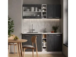 Vicco R-Line Mini-Küche Schwarz Beton/Weiß 160 cm AP Eiche ohne E-Geräte