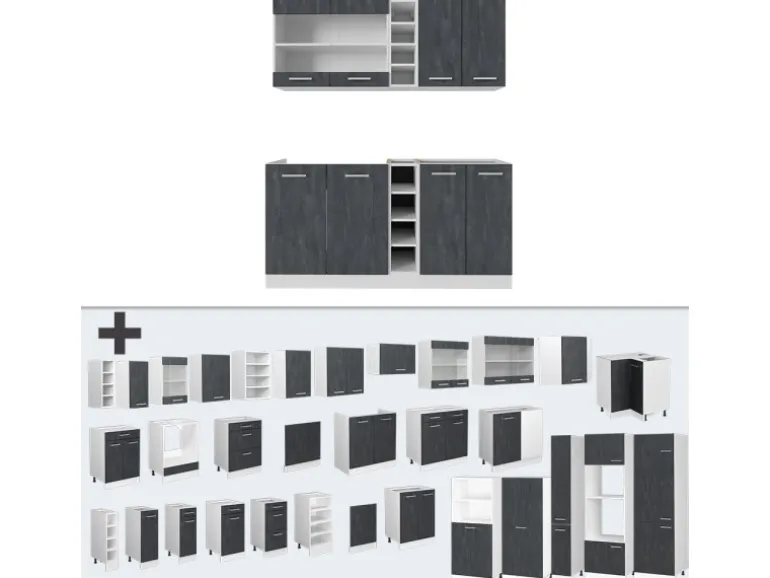 Vicco R-Line Mini-Küche Schwarz Beton/Weiß 160 cm AP Eiche ohne E-Geräte